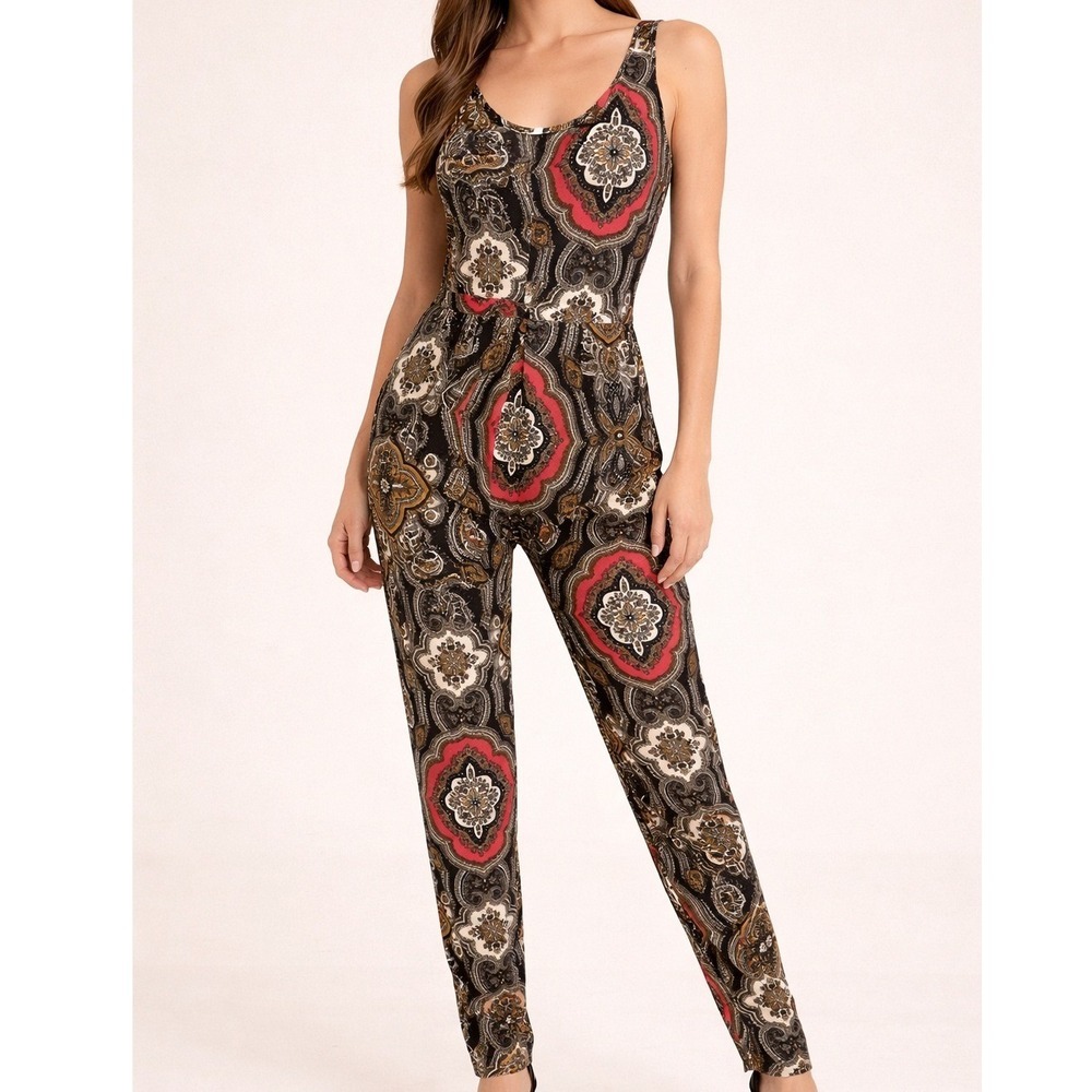 Ambiance Apparel Women's Paisley‎ Print Jumpsuit Sleeveless V Neck Casual Size S
